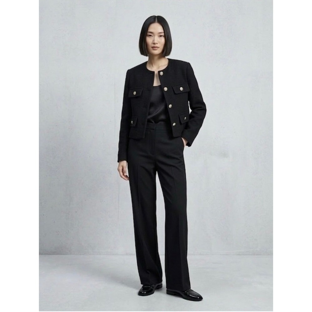 Zara Black Textured Cropped Jacket Gold Crest Buttons Military Style XS
